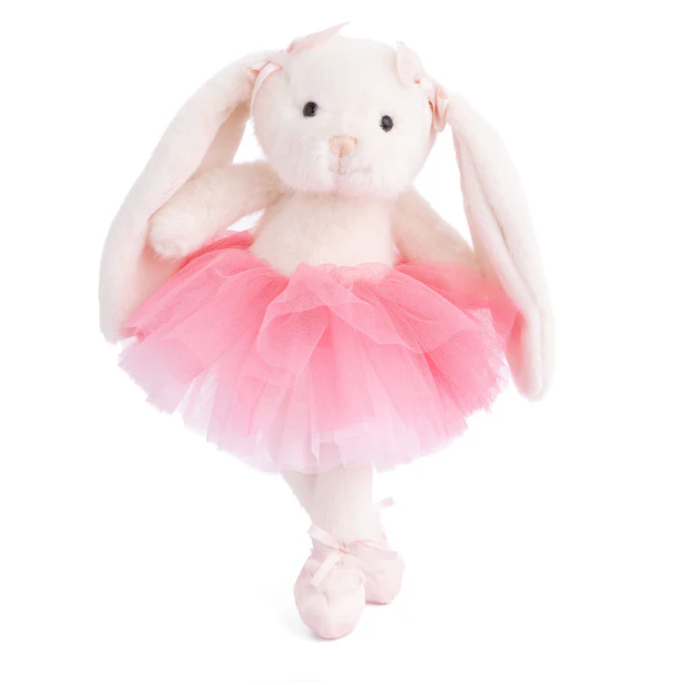  plush toys with bunny ears and pink tutus on a white background