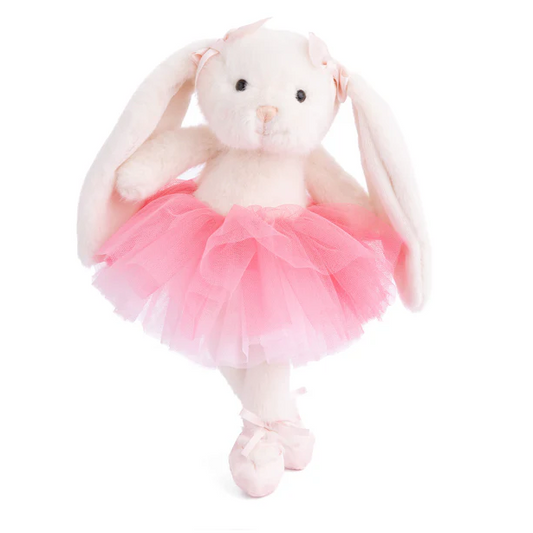  plush toys with bunny ears and pink tutus on a white background
