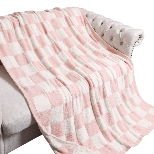 Pink and Cream Checkerboard Throw Blanket